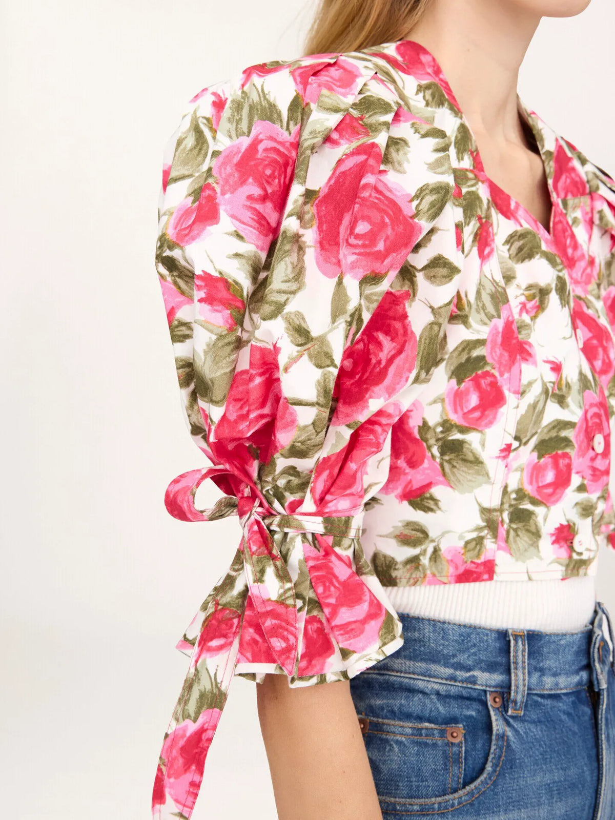 Puff-sleeve cropped top in cotton poplin