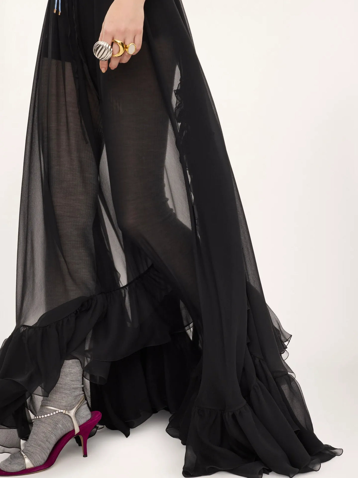 Ruffled long skirt in silk mousseline