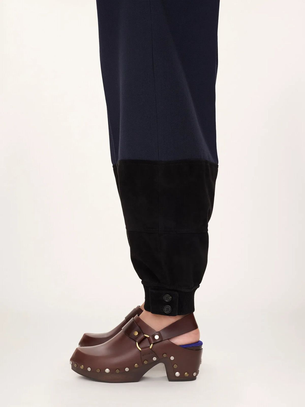 High-rise barrel pants in wool crêpe & suede leather