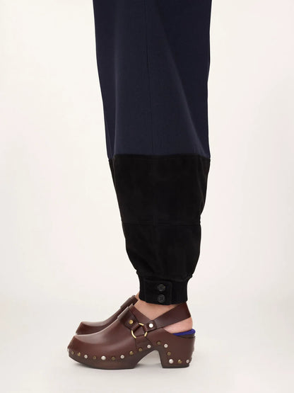 High-rise barrel pants in wool crêpe & suede leather