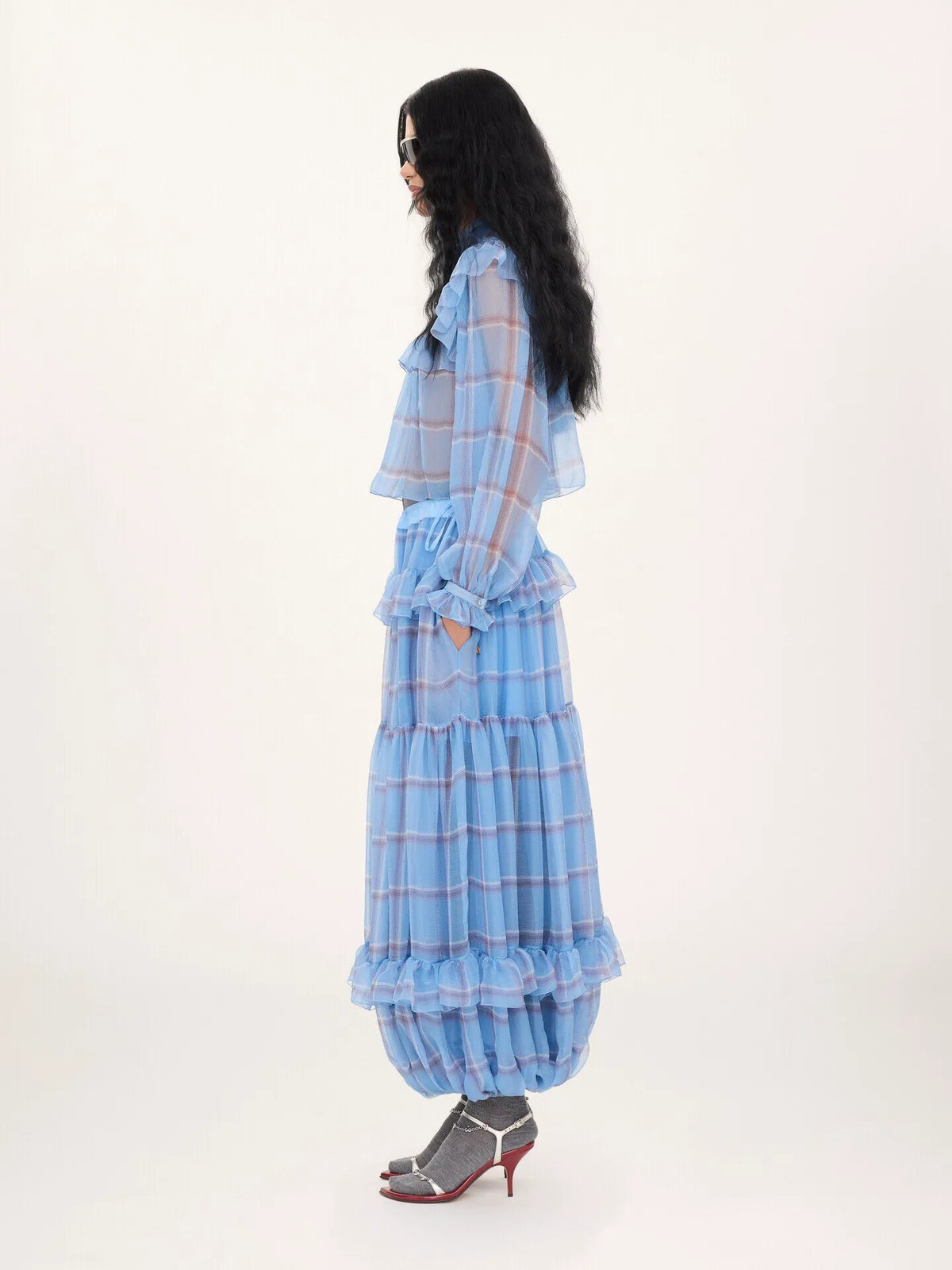 Fluid pleated pants in check silk mousseline