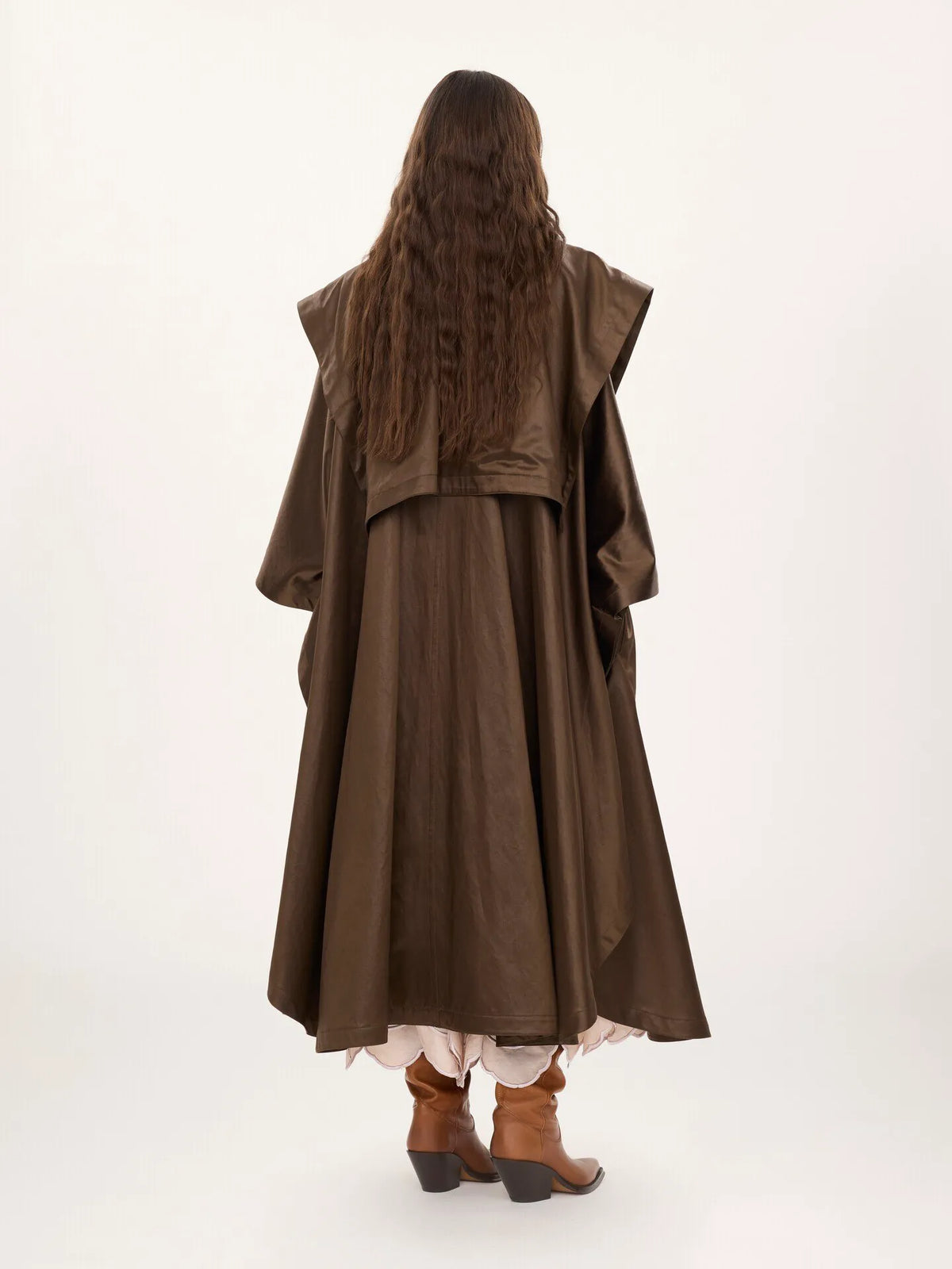 Hooded long cape coat in satin