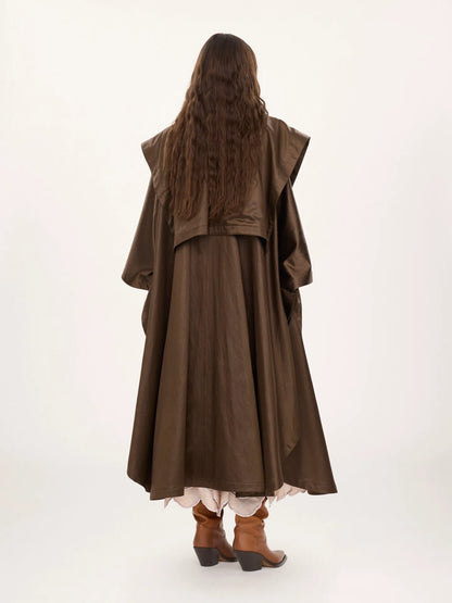 Hooded long cape coat in satin