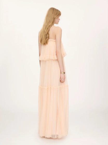 Thin-strap long dress in silk mousseline