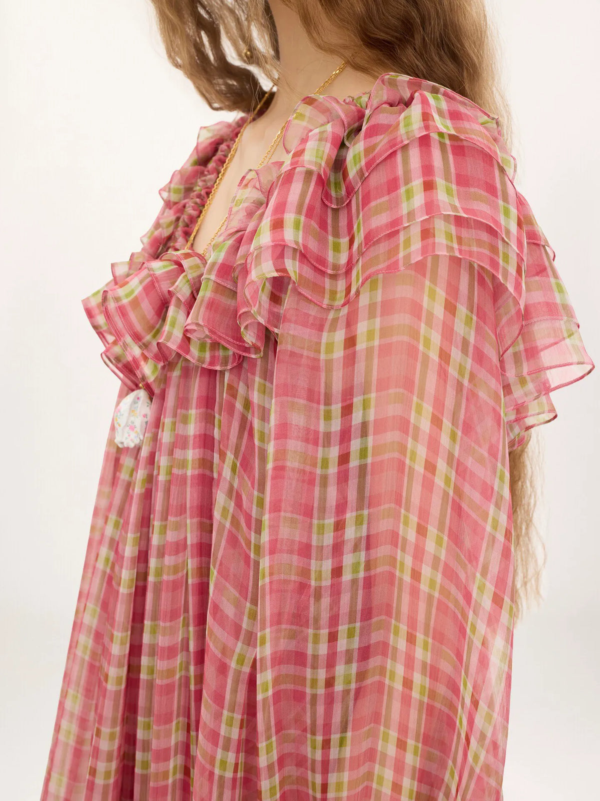 Square-neck midi dress in check silk mousseline