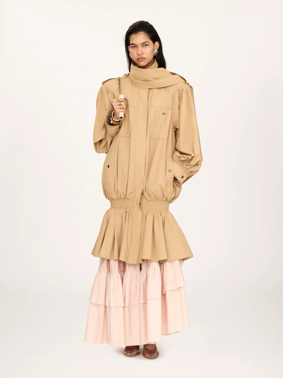 High-neck gathered trench coat in cotton poplin