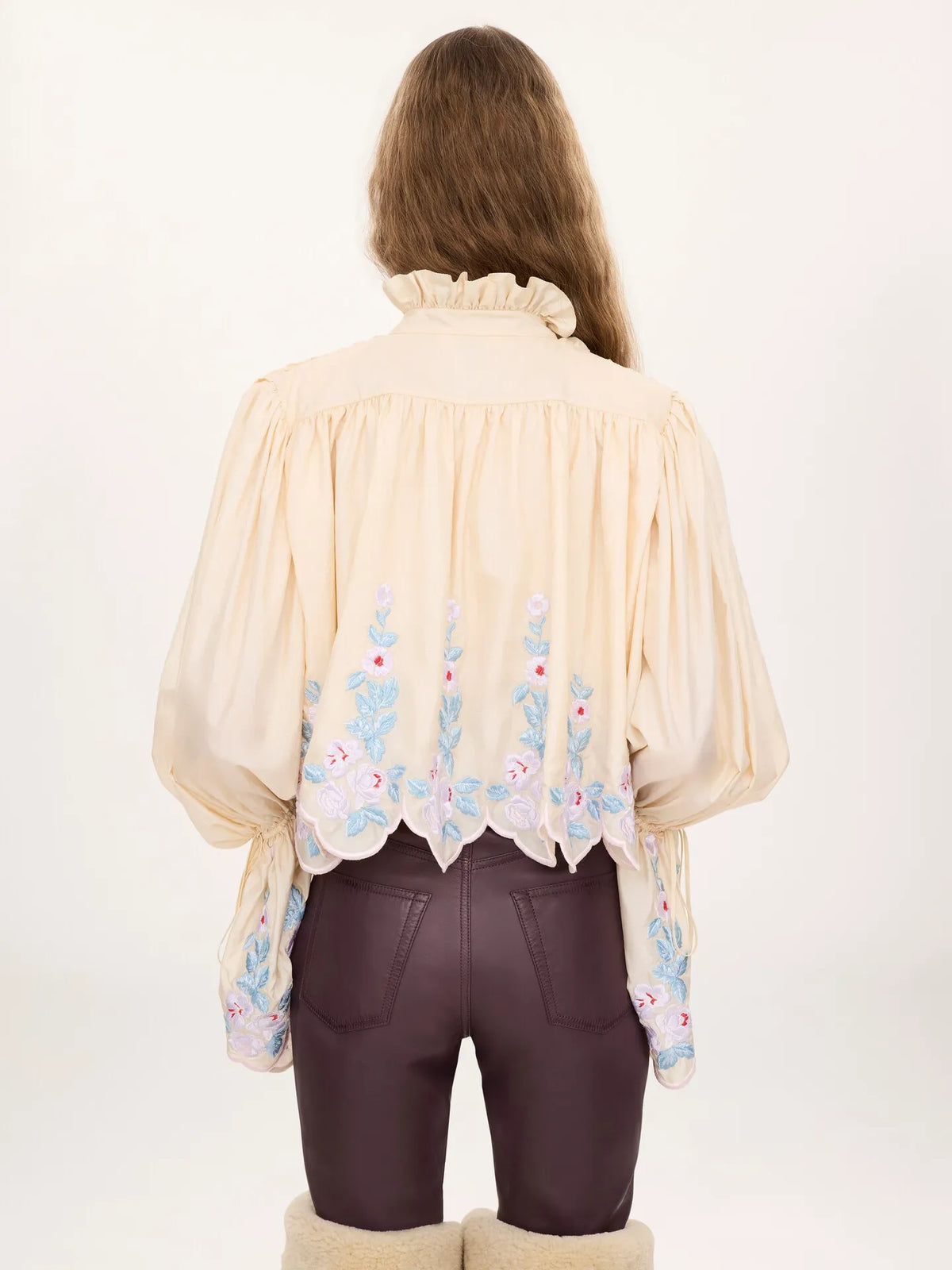 High-neck puff-sleeve top in technical taffeta