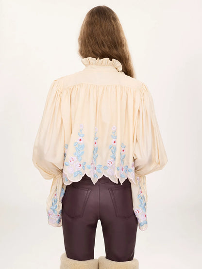 High-neck puff-sleeve top in technical taffeta