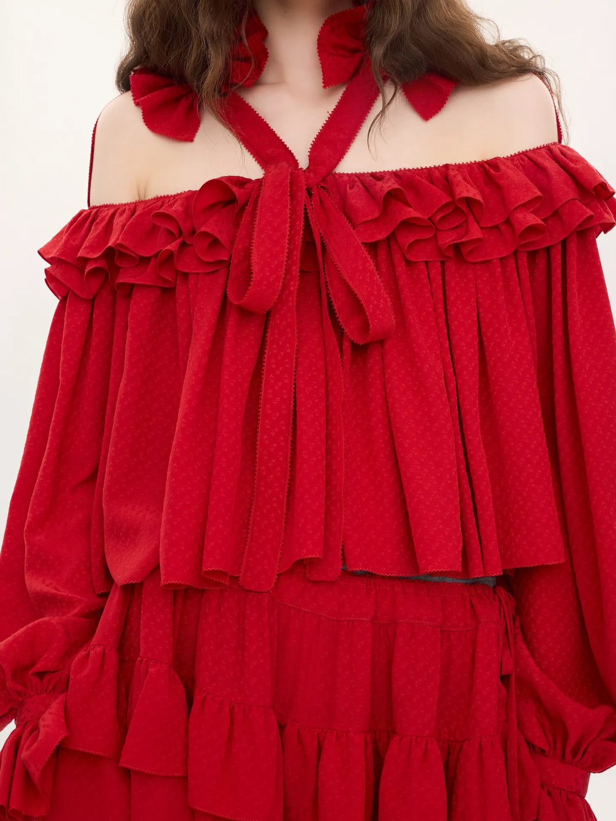 Cut-out ruffle top in silk jacquard