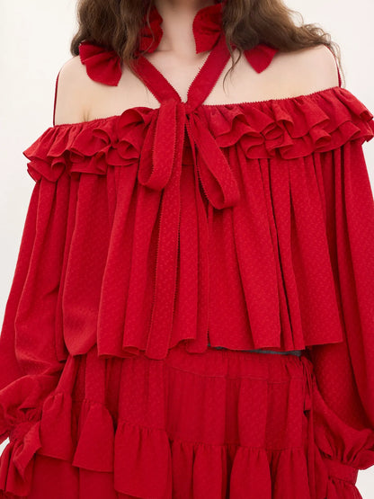 Cut-out ruffle top in silk jacquard