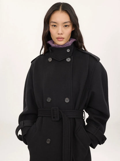 High-neck long coat in double-face wool