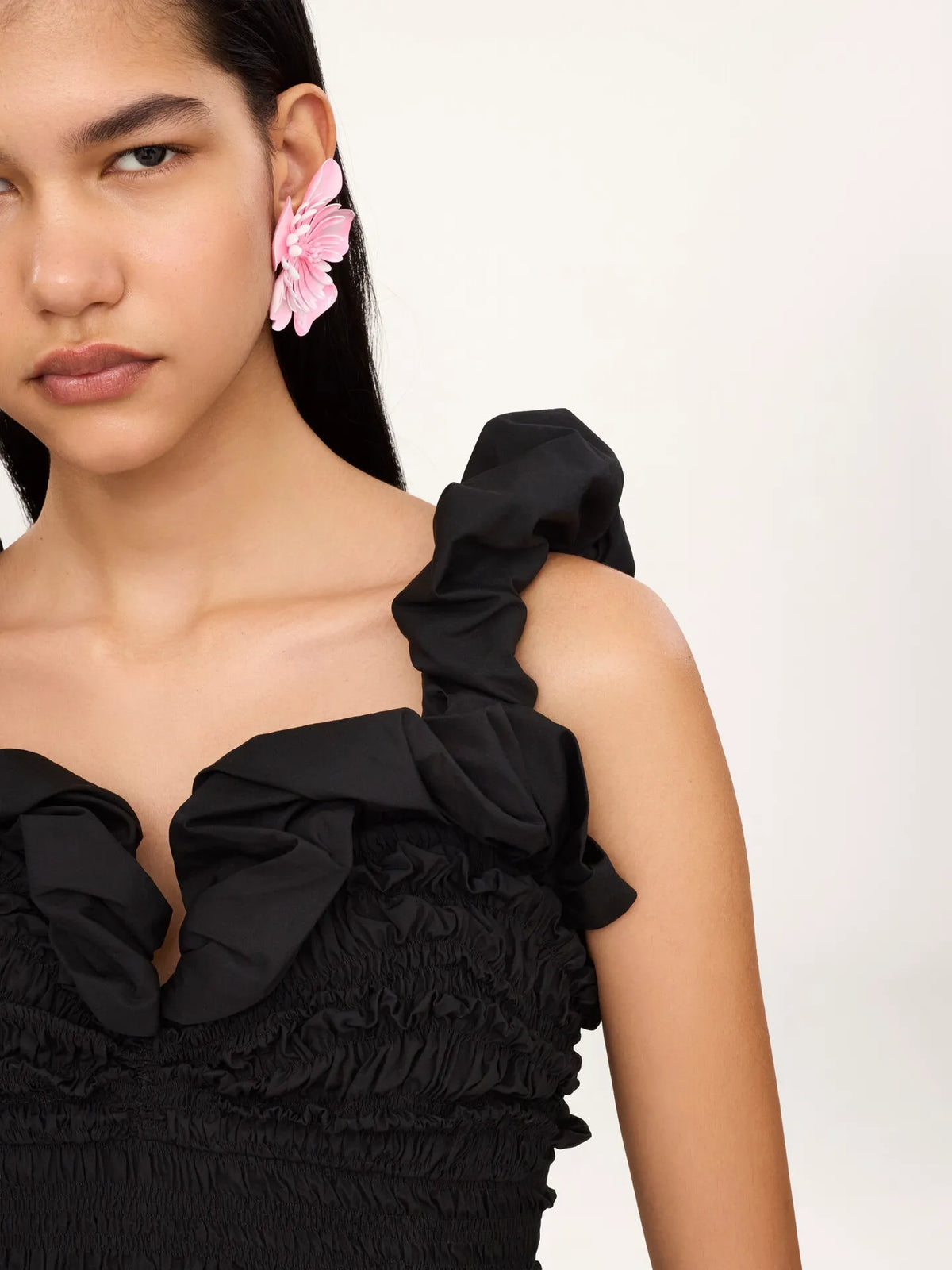 Ruched bustier midi dress in cotton poplin