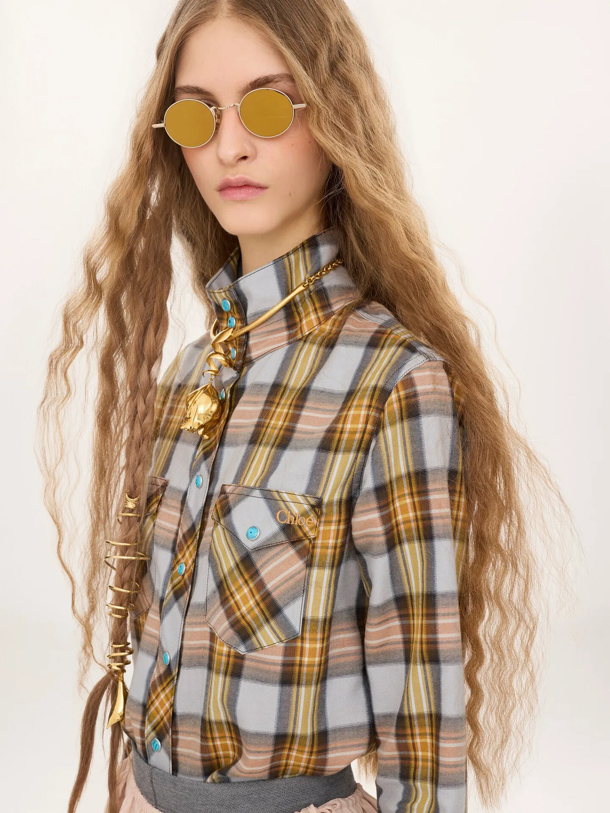 Lavallière shirt in check cotton & cupro