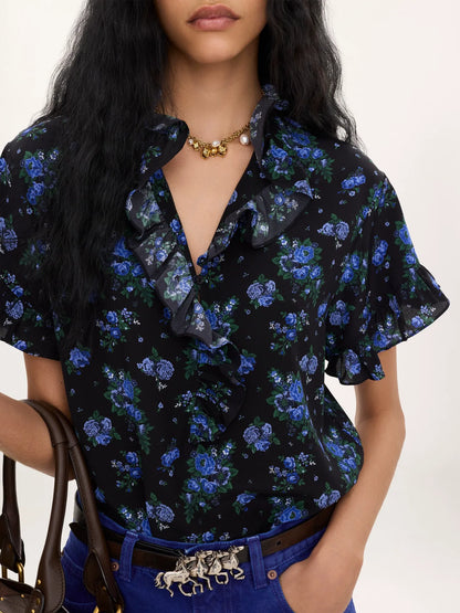Short-sleeve ruffled top in crêpe de chine