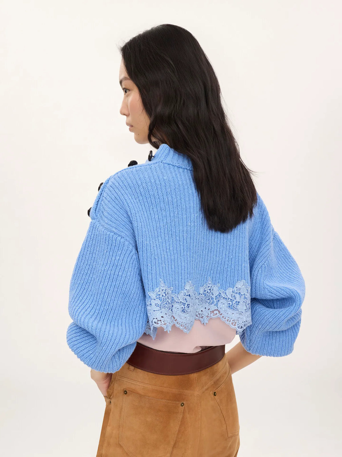 Cropped sweater in a merino wool knit & lace
