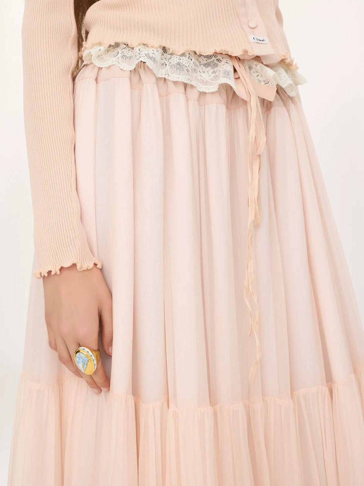Ruffled long skirt in silk mousseline