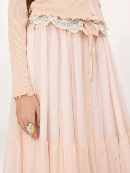 Ruffled long skirt in silk mousseline