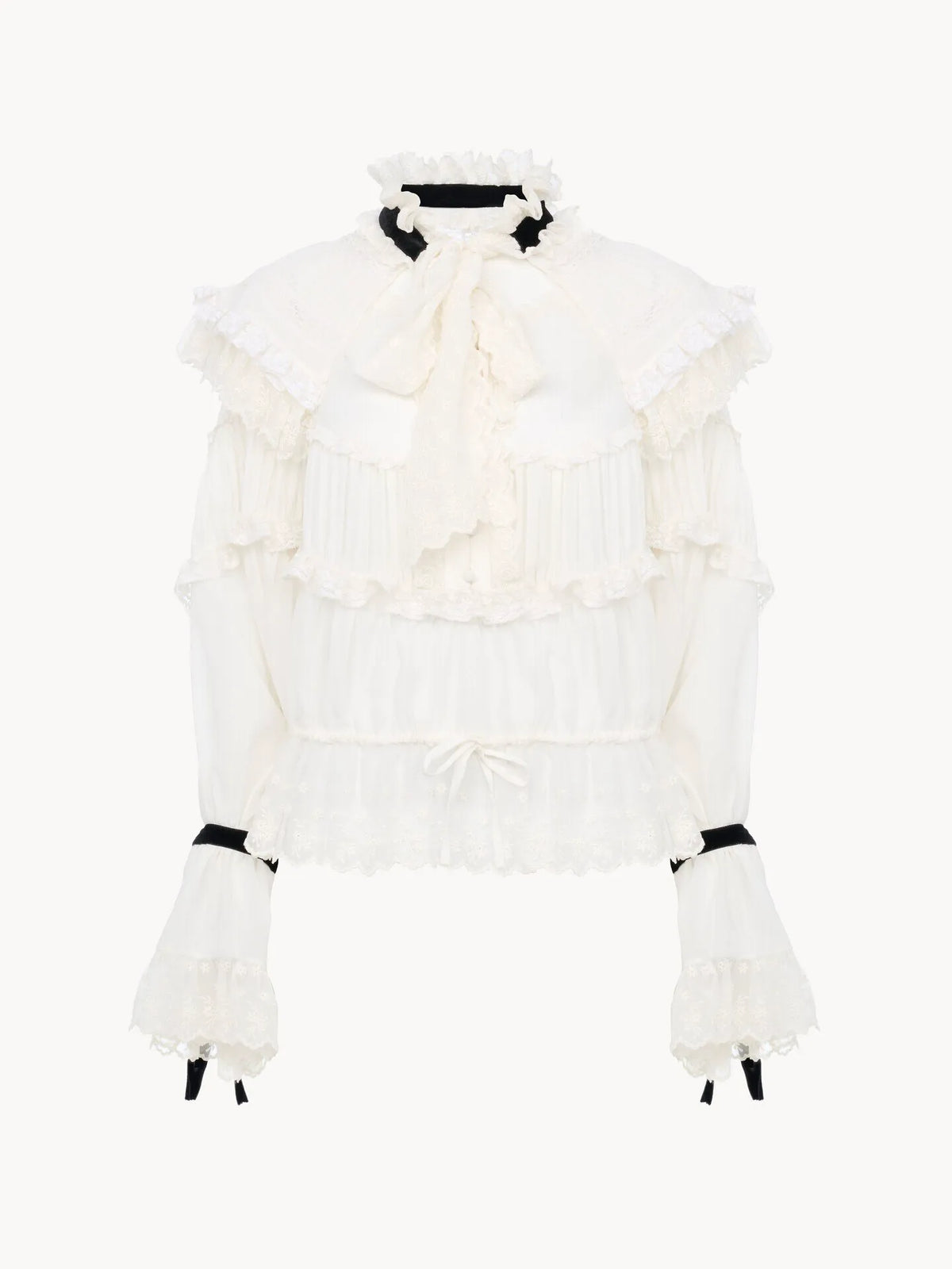Tie-front ruffle top in silk mousseline & lace