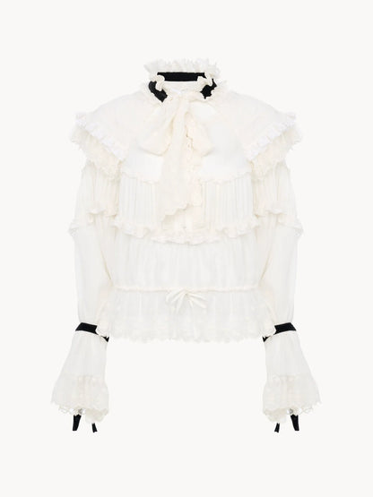 Tie-front ruffle top in silk mousseline & lace