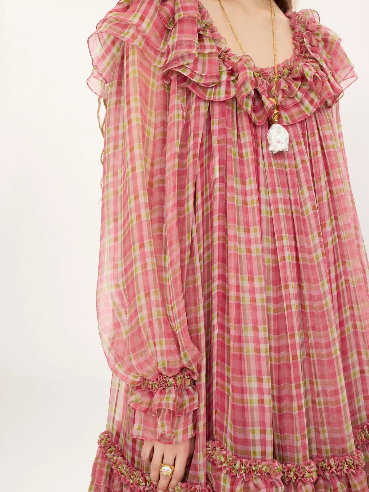 Square-neck midi dress in check silk mousseline