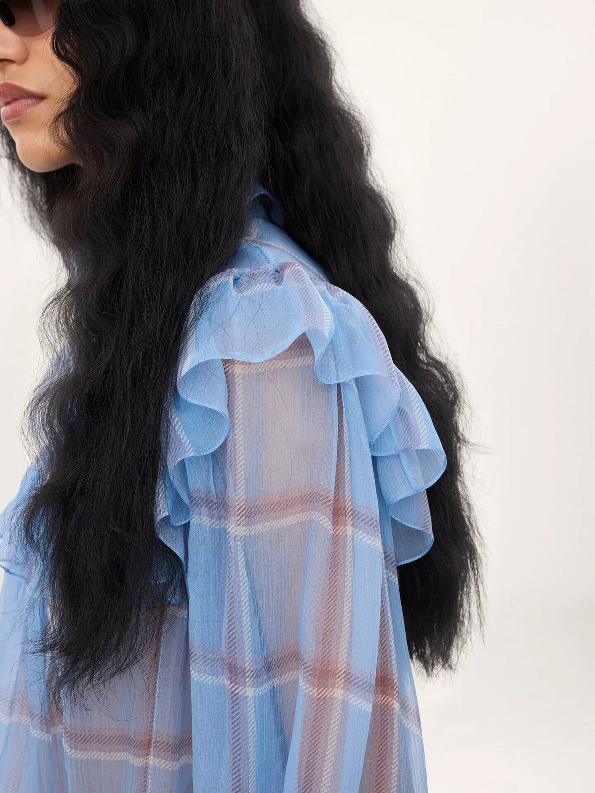Ruffled top in check silk mousseline