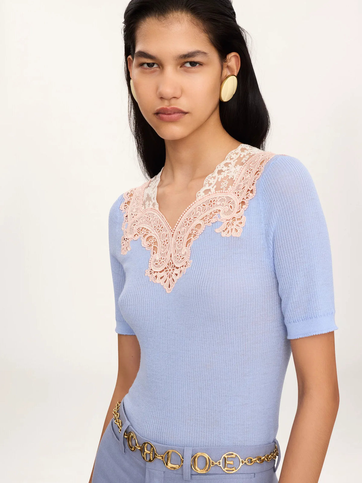 Elbow-sleeve fitted sweater in a wool knit & lace