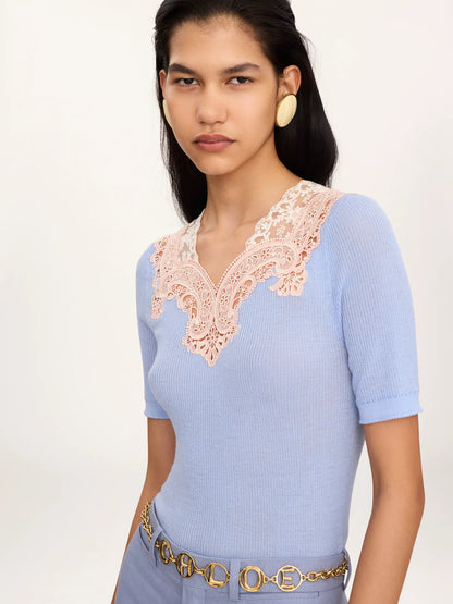 Elbow-sleeve fitted sweater in a wool knit & lace