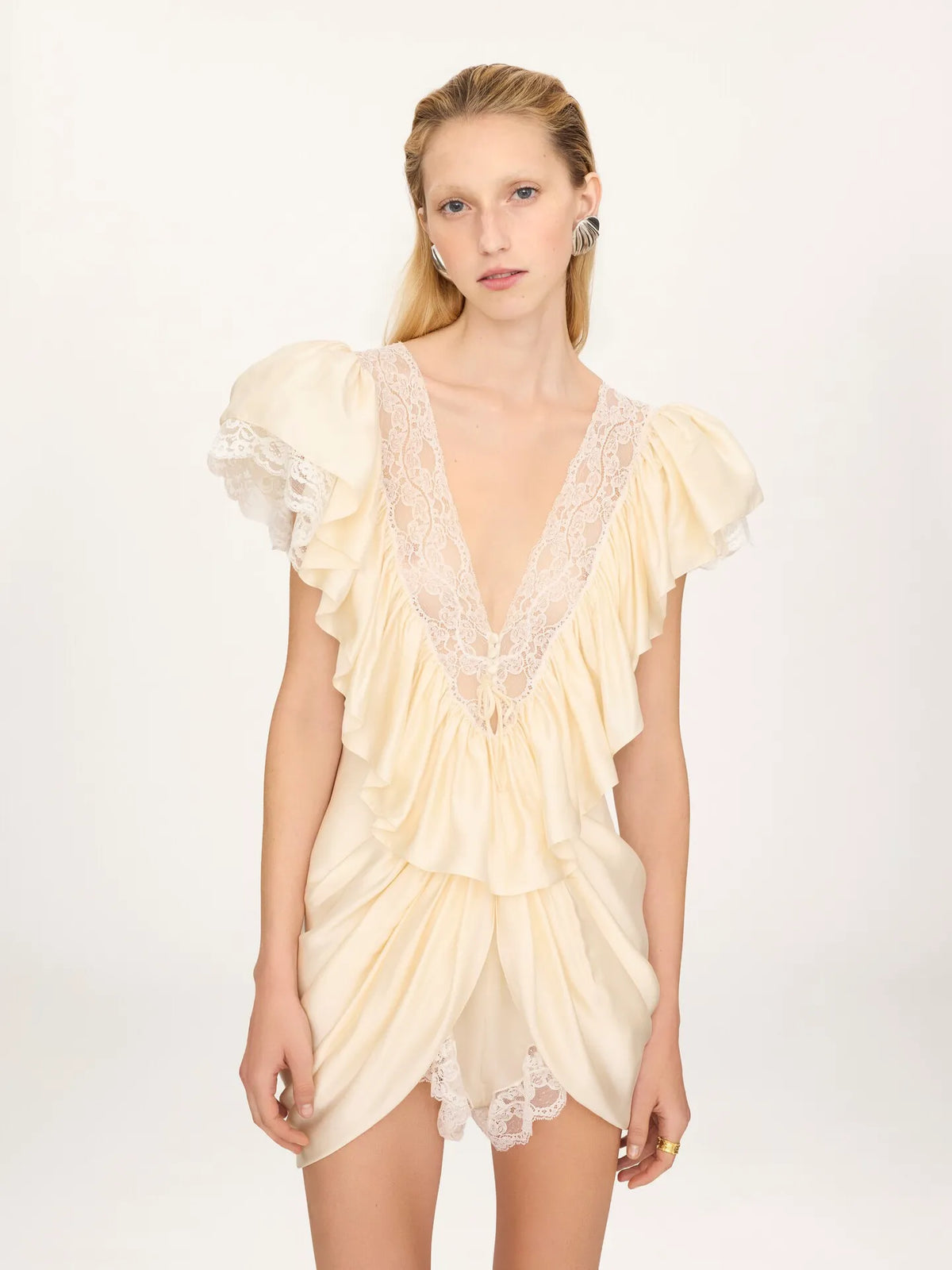 V-neck short jumpsuit in washed silk satin & lace