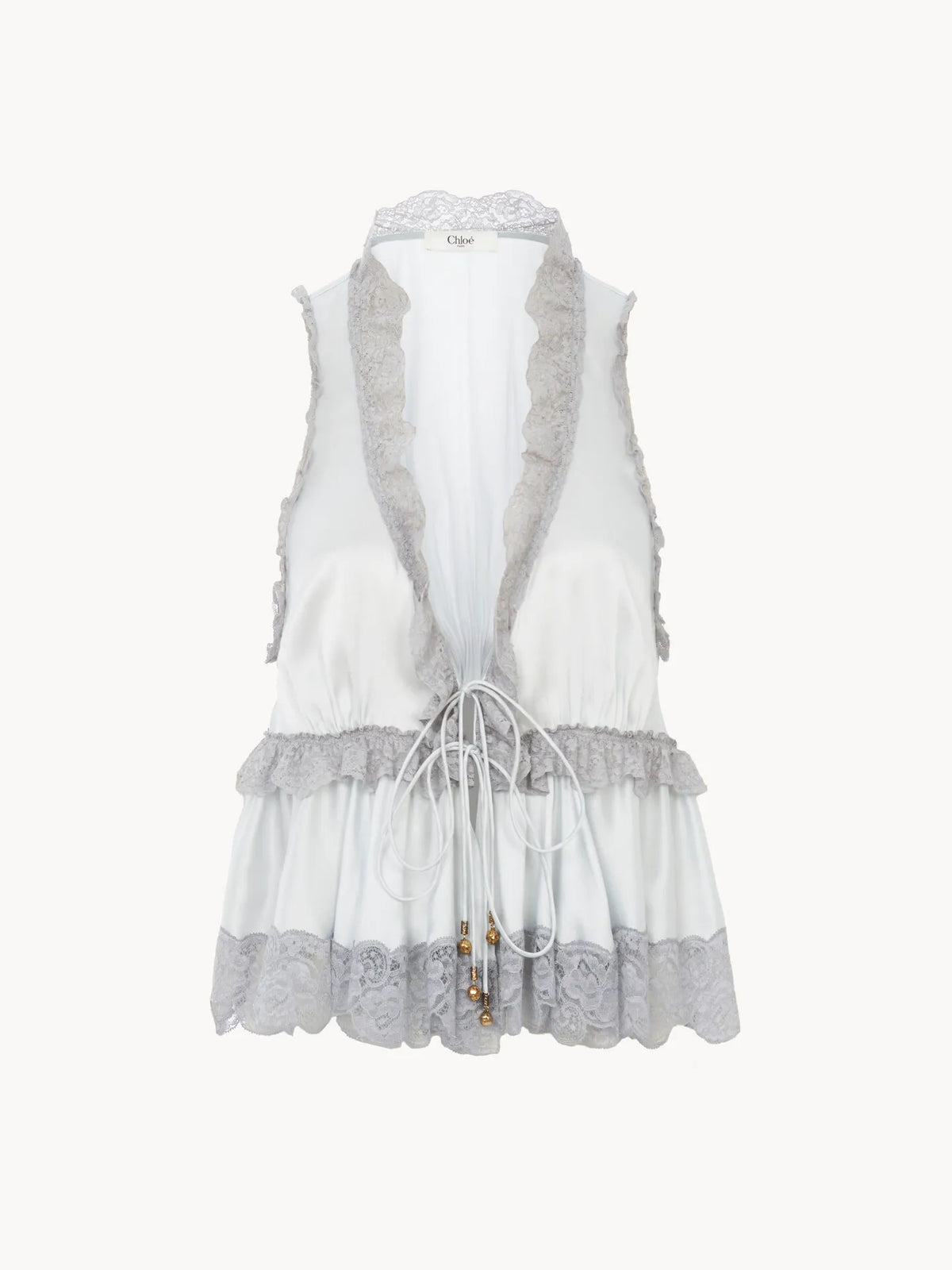 Tie-front sleeveless top in washed silk satin & lace
