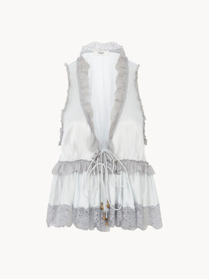 Tie-front sleeveless top in washed silk satin & lace