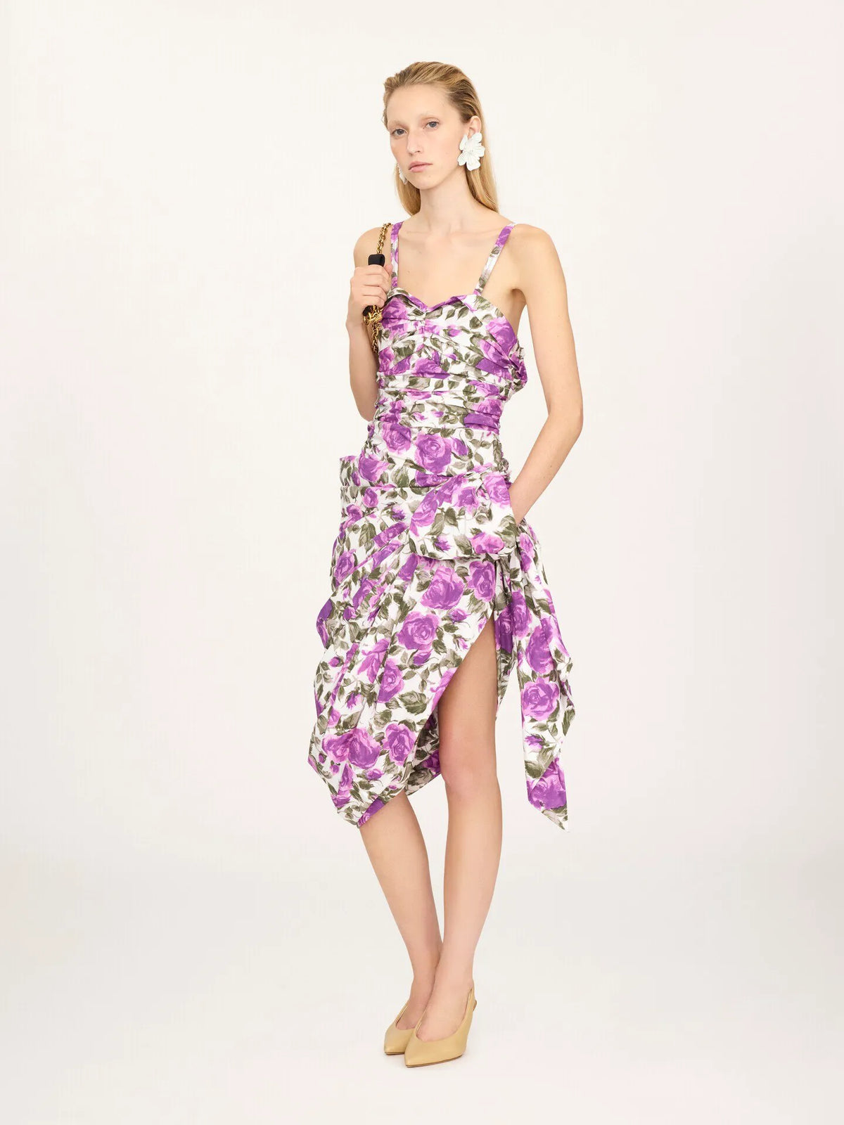 Wrapped bustier midi dress in cotton poplin