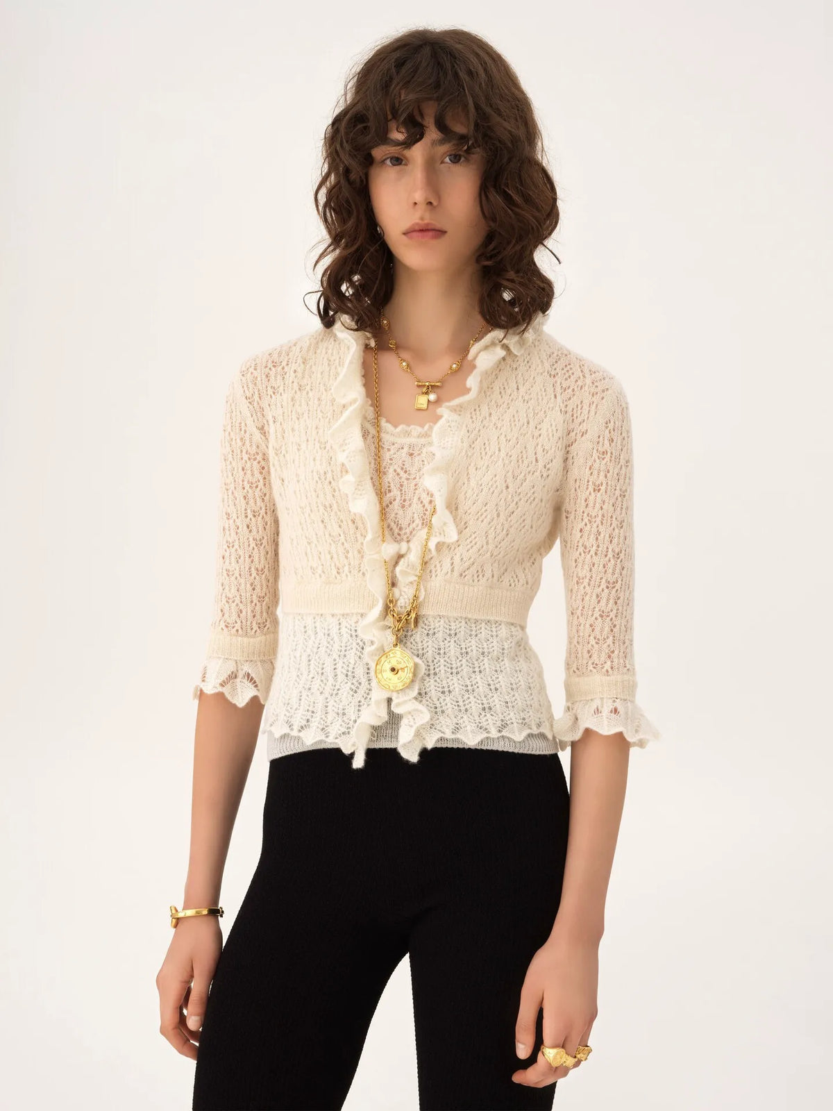 Cropped ruffle sweater in an alpaca wool & silk knit