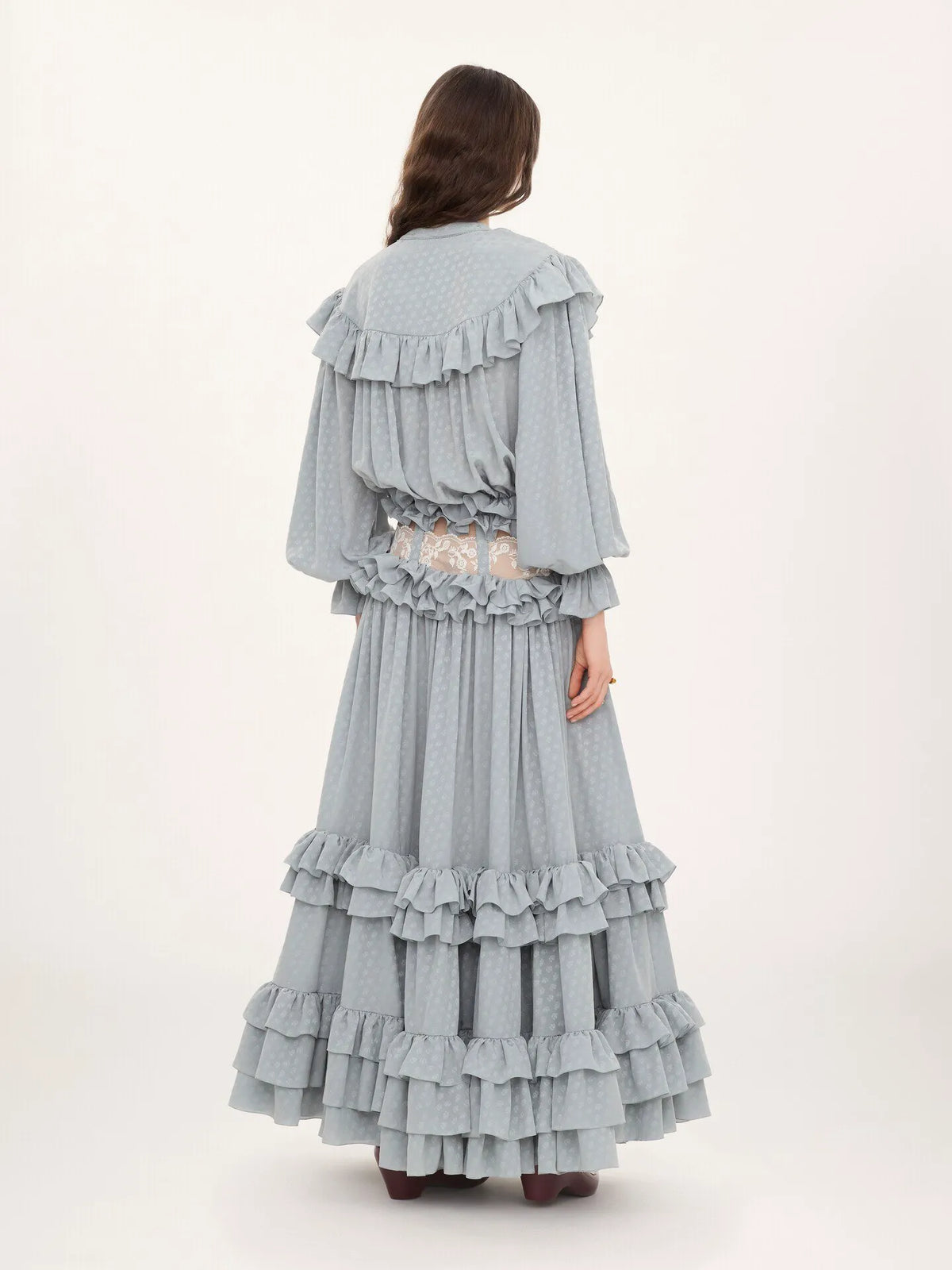 Cut-out long ruffled dress in silk jacquard