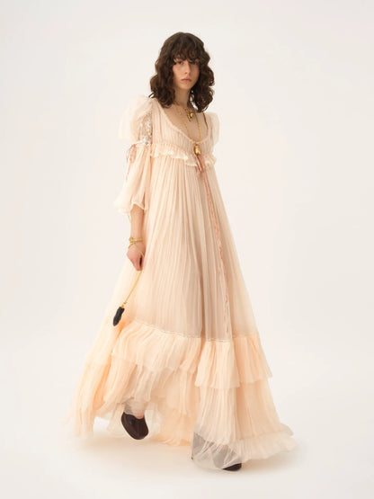 Oversized long ruffled dress in silk mousseline & lace