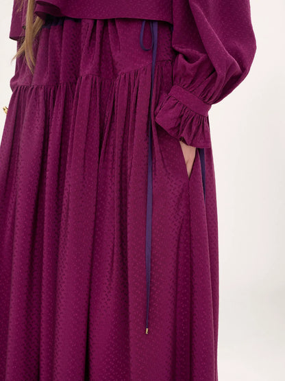 Gathered long skirt in silk jacquard & lace