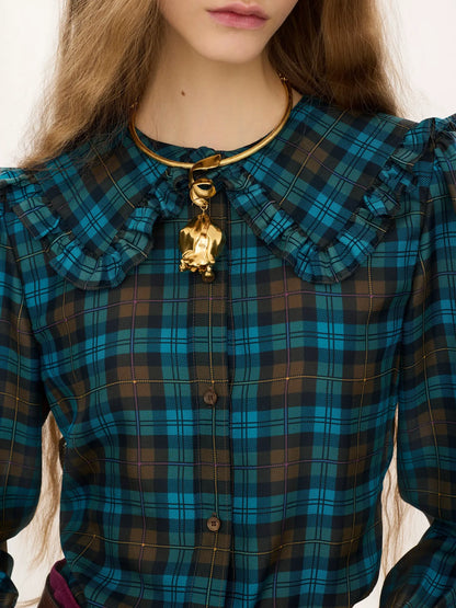 Ruffled lavallière blouse in check silk habotai