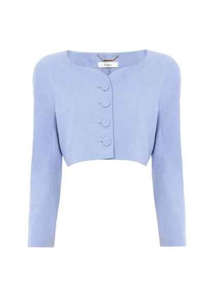 Cropped collarless jacket in linen crêpe