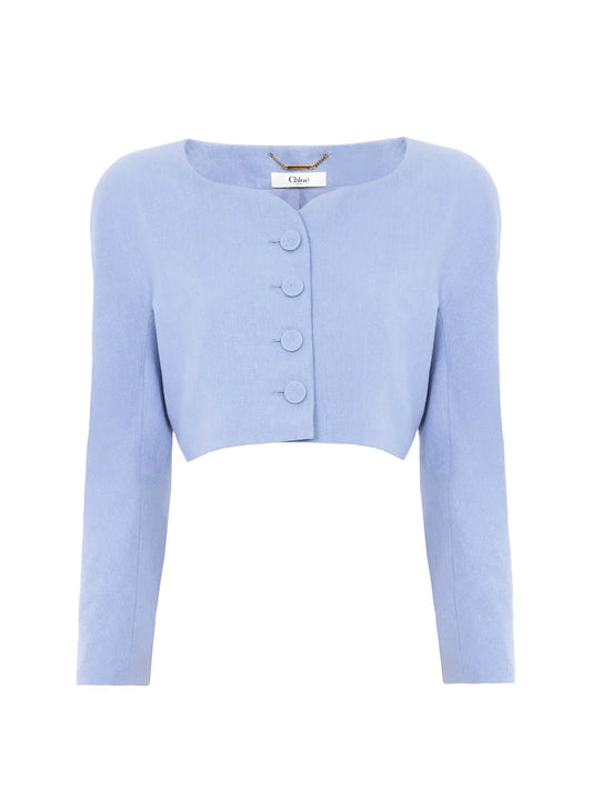 Cropped collarless jacket in linen crêpe