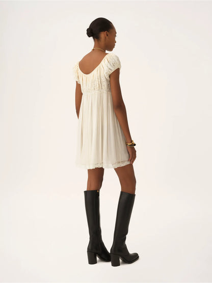 Short-sleeve mini dress in silk mousseline & lace