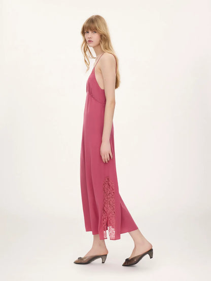 Long lingerie dress in crêpe de chine & lace
