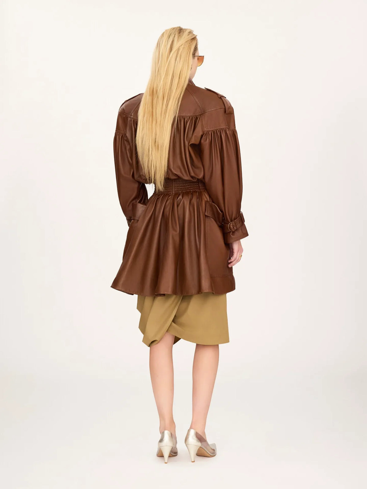 High-neck puff-sleeve coat in leather