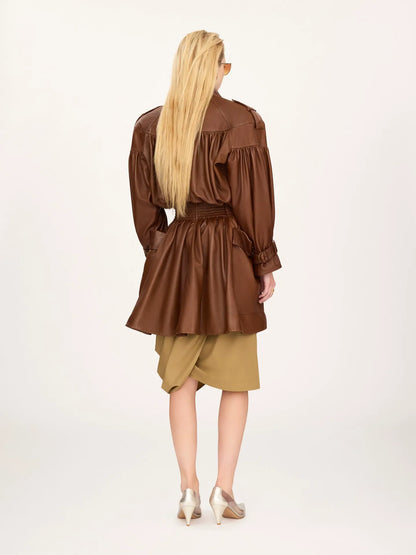 High-neck puff-sleeve coat in leather