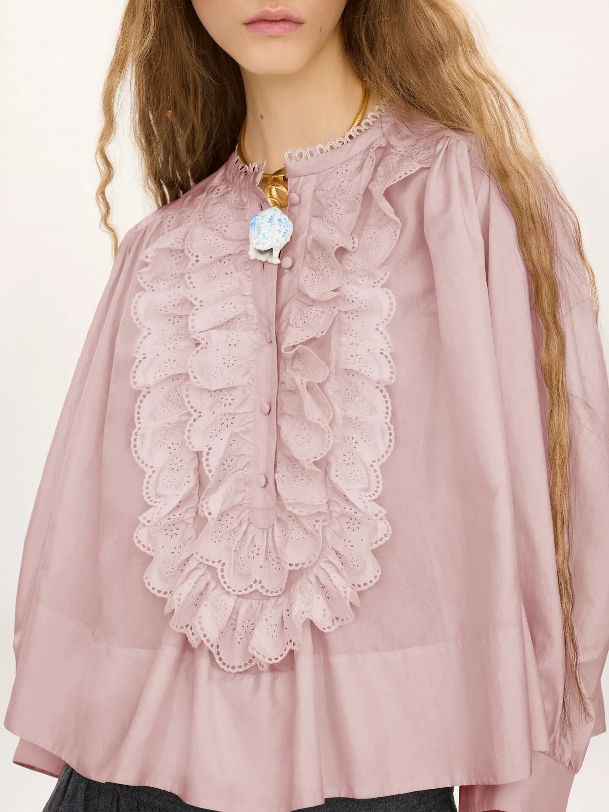 Gathered ruffle top in technical taffeta