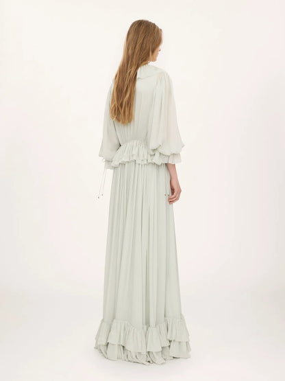 Gathered long dress in silk charmeuse