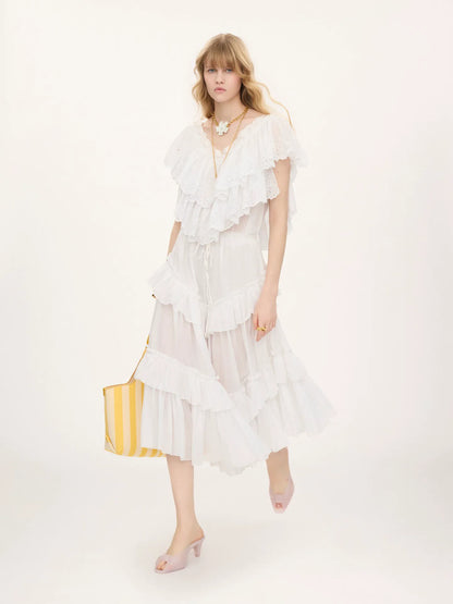 Layered ruffled midi skirt in cotton voile