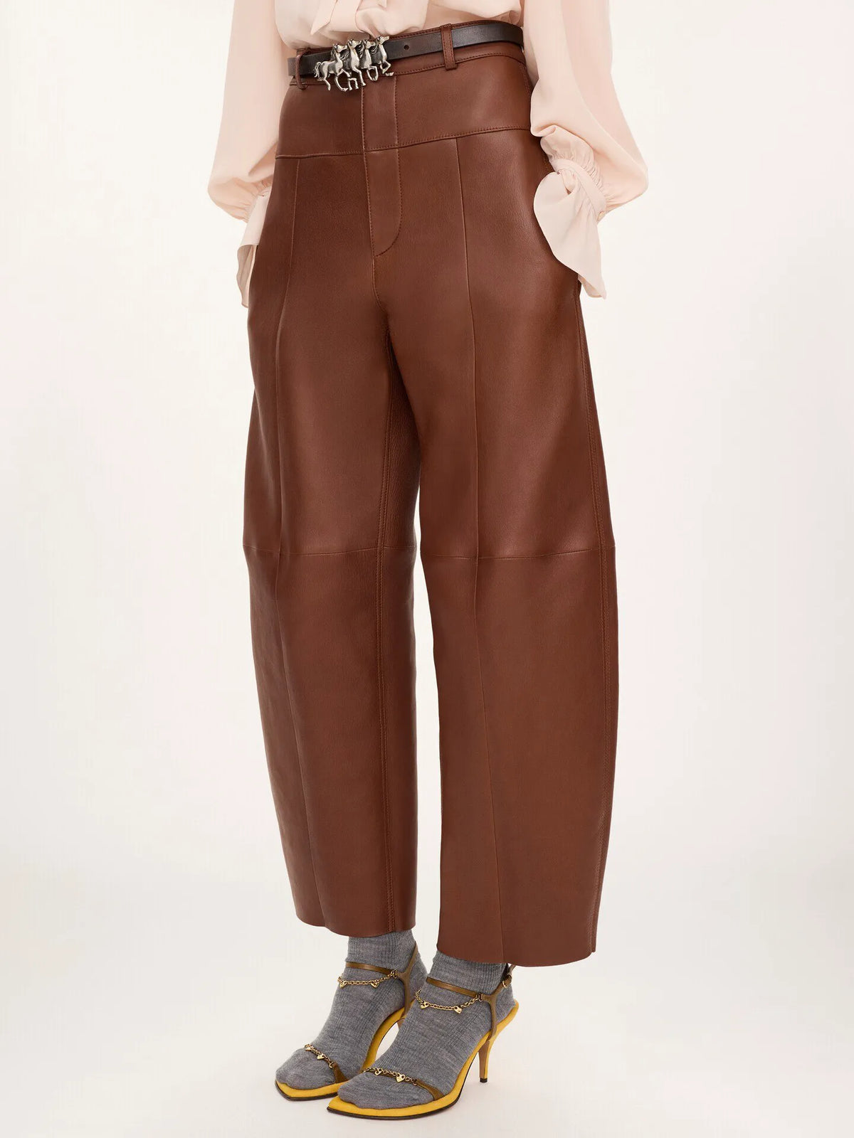 High-rise barrel pants in leather