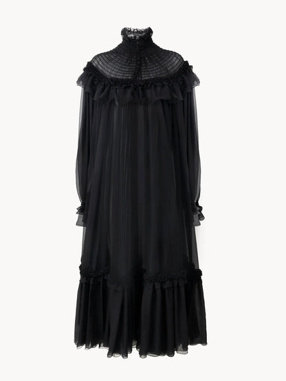 High-neck ruffled midi dress in silk mousseline