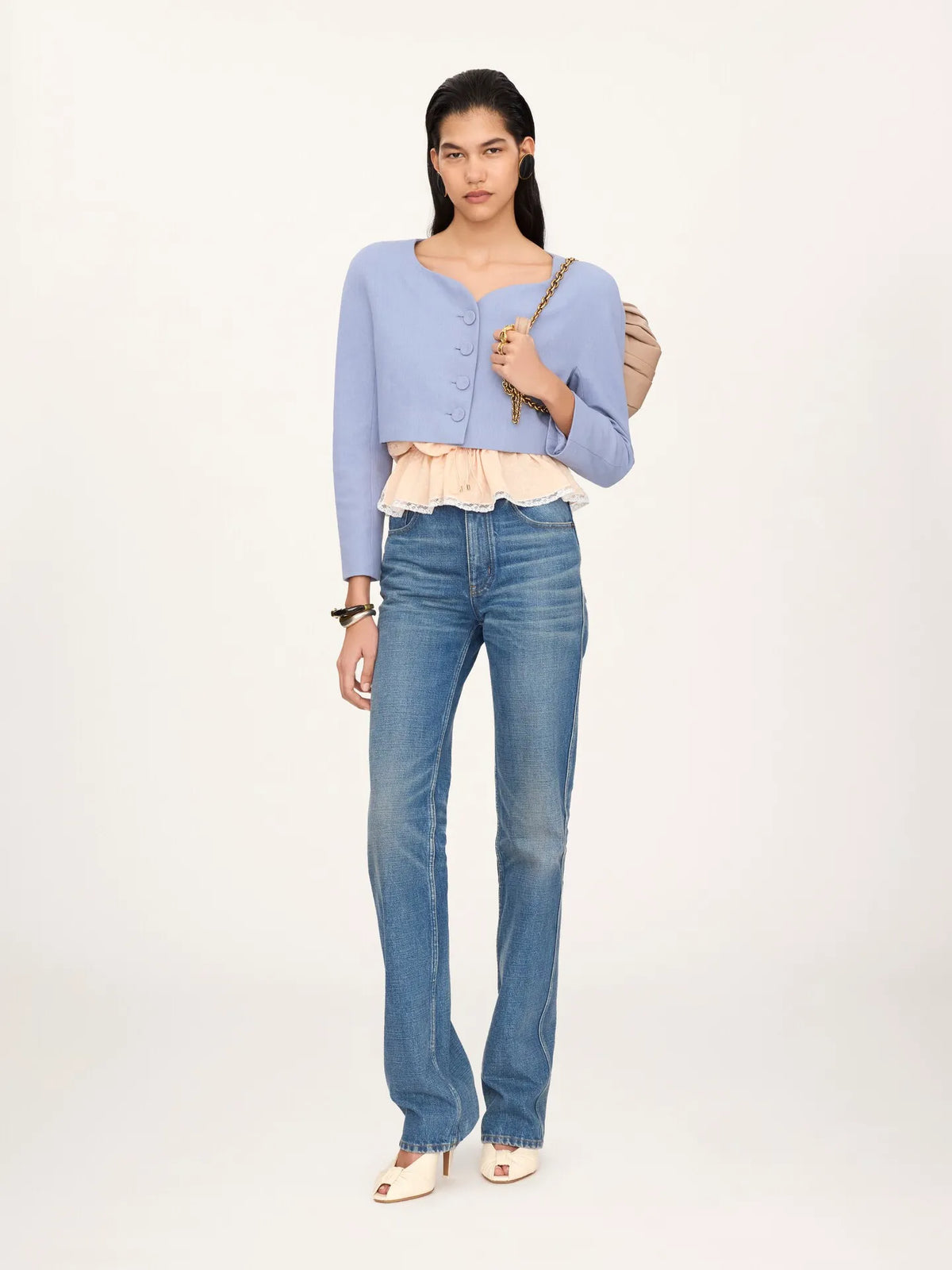Cropped collarless jacket in linen crêpe