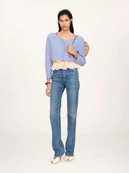 Cropped collarless jacket in linen crêpe