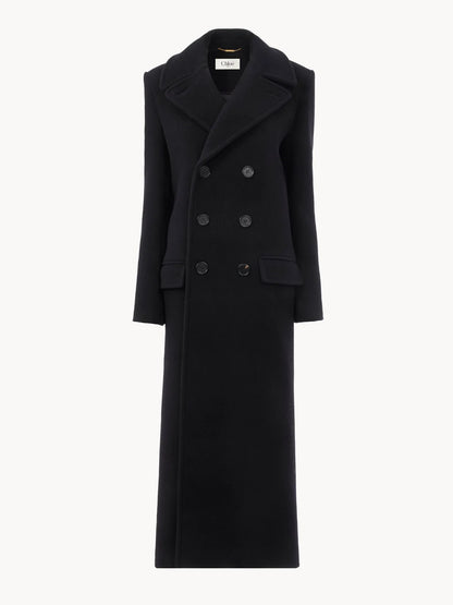 Long double-breasted coat in double-face wool